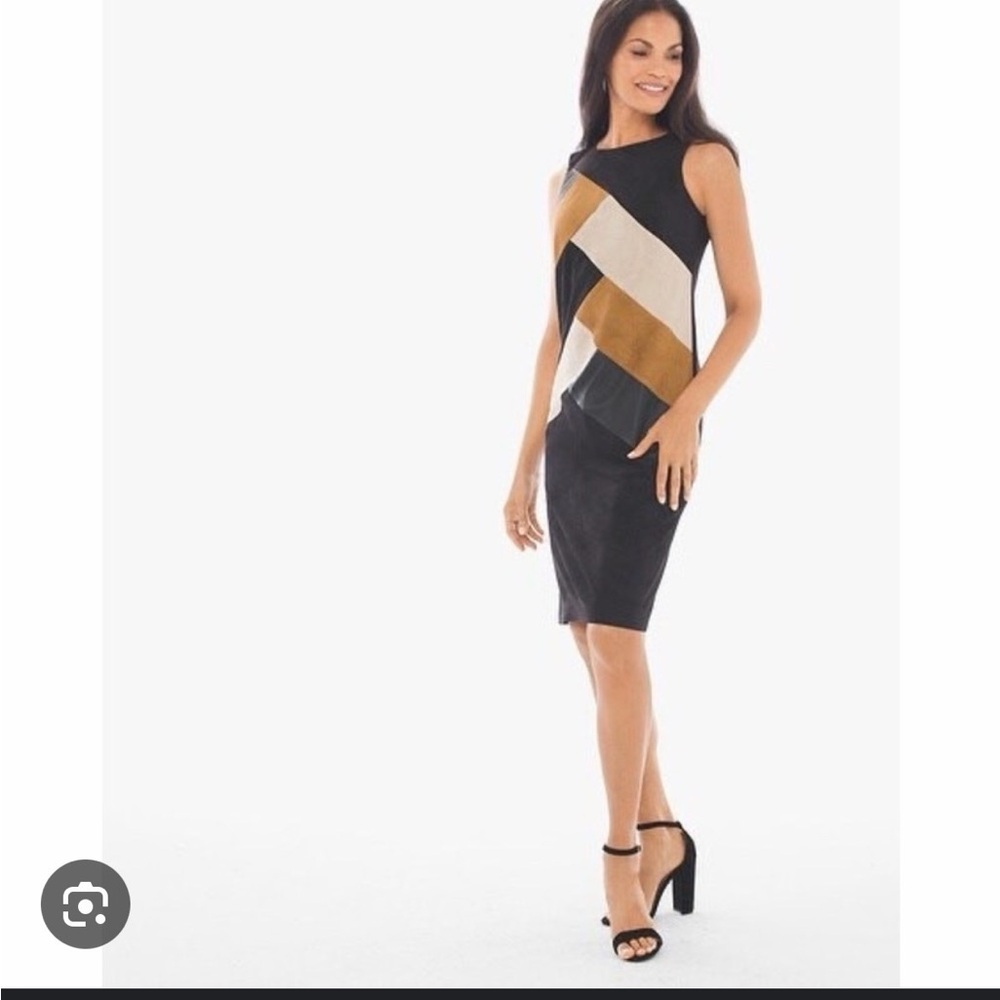 NWT Chico's Black and Gold Faux Suede Colorblock Midi Dress size 2/12